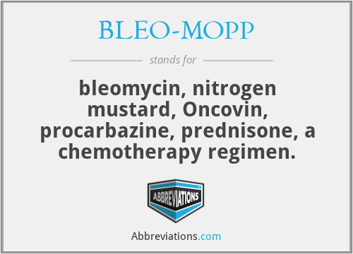 BLEO-MOPP - bleomycin, nitrogen mustard, Oncovin, procarbazine, prednisone, a chemotherapy regimen.