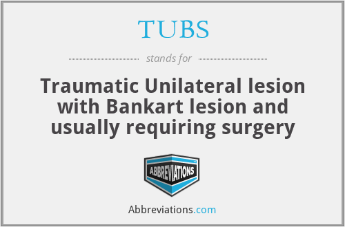TUBS - Traumatic Unilateral lesion with Bankart lesion and usually requiring surgery