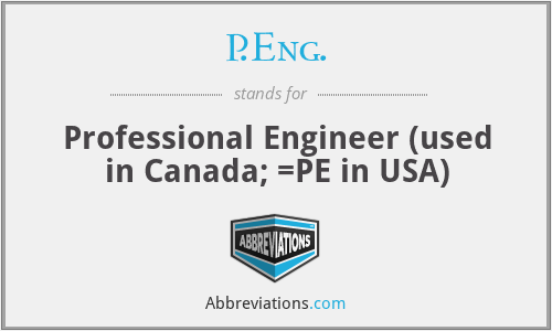 P.Eng. - Professional Engineer (used in Canada; =PE in USA)