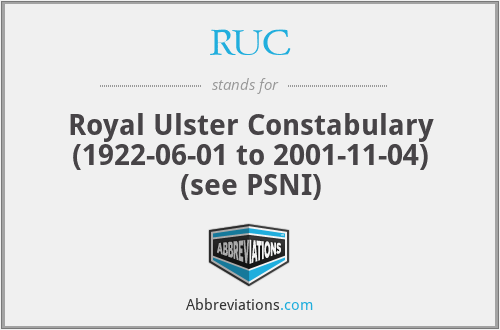 RUC - Royal Ulster Constabulary (1922-06-01 to 2001-11-04) (see PSNI)