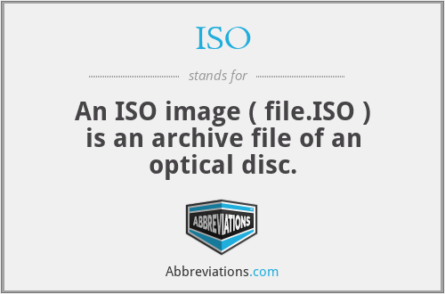 ISO - An ISO image ( file.ISO ) is an archive file of an optical disc.