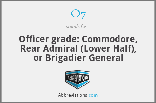 O7 - Officer grade: Commodore, Rear Admiral (Lower Half), or Brigadier General