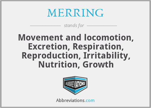 MERRING - Movement and locomotion, Excretion, Respiration, Reproduction, Irritability, Nutrition, Growth