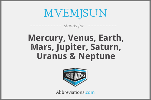 MVEMJSUN - Mercury, Venus, Earth, Mars, Jupiter, Saturn, Uranus & Neptune