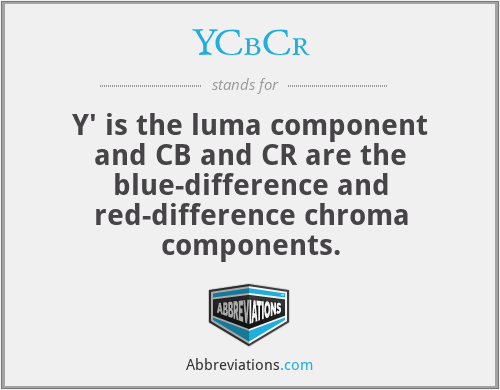 YCbCr - Y′ is the luma component and CB and CR are the blue-difference and red-difference chroma components.