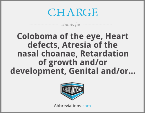 CHARGE - Coloboma of the eye, Heart defects, Atresia of the nasal choanae, Retardation of growth and/or development, Genital and/or urinary abnormalities, and Ear abnormalities and deafness