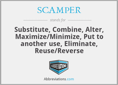 SCAMPER - Substitute, Combine, Alter, Maximize/Minimize, Put to another use, Eliminate, Reuse/Reverse