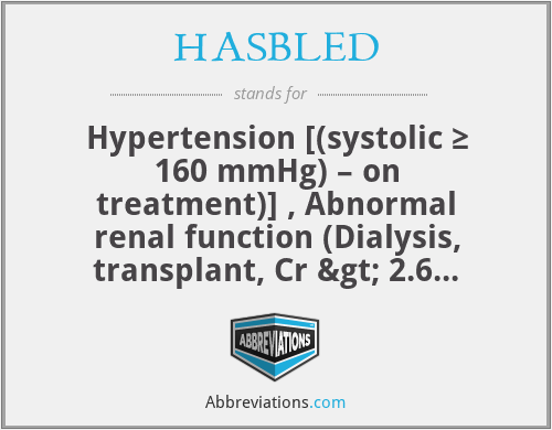 HASBLED - Hypertension [(systolic ≥ 160 mmHg) – on treatment)] , Abnormal renal function (Dialysis, transplant, Cr > 2.6 mg/dL or > 200 μmol/L), Abnormal Liver(Cirrhosis or bilirubin >2xNormal or AST/ALT/AP >3xNormal), Stroke , Bleed (Prior major bleeding or predisposition to bleeding), Labile INRs (Unstable/high INRs, time in therapeutic range