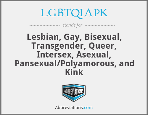 LGBTQIAPK - Lesbian, Gay, Bisexual, Transgender, Queer, Intersex, Asexual, Pansexual/Polyamorous, and Kink