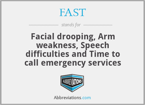 FAST - Facial drooping, Arm weakness, Speech difficulties and Time to call emergency services