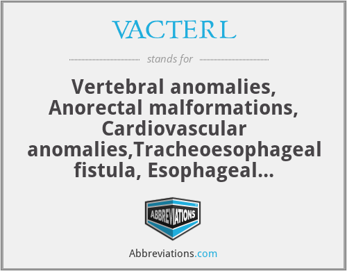 VACTERL - Vertebral anomalies, Anorectal malformations, Cardiovascular anomalies,Tracheoesophageal fistula, Esophageal atresia, Renal and/or radial anomalies, Limb defects