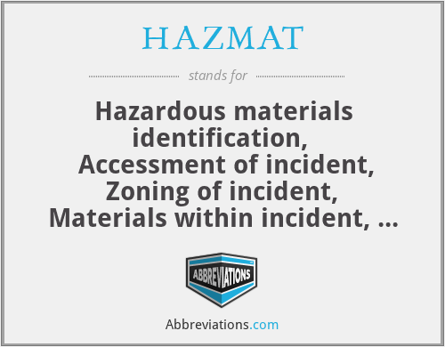 HAZMAT - Hazardous materials identification, 
 Accessment of incident,
 Zoning of incident, 
Materials within incident, 
Action Plan, 
Termination of Action plan.