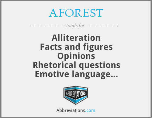 AFOREST - Alliteration
Facts and figures
Opinions
Rhetorical questions
Emotive language
Superlative
Triplet