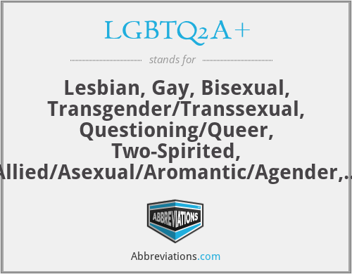 LGBTQ2A+ - Lesbian, Gay, Bisexual, Transgender/Transsexual, Questioning/Queer, Two-Spirited, Allied/Asexual/Aromantic/Agender, and others