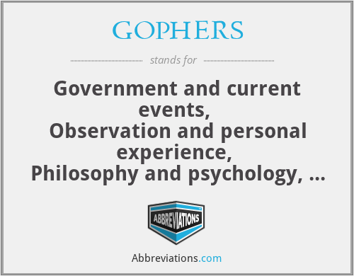 GOPHERS - Government and current events, 
Observation and personal experience, 
Philosophy and psychology, 
History, 
Entertainment and pop culture, 
Reading, 
Science and technology.