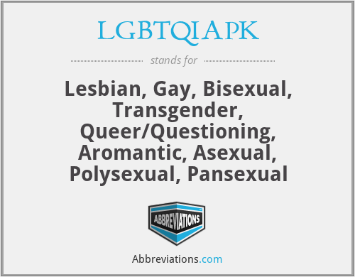 LGBTQIAPK - Lesbian, Gay, Bisexual, Transgender, Queer/Questioning, Aromantic, Asexual, Polysexual, Pansexual