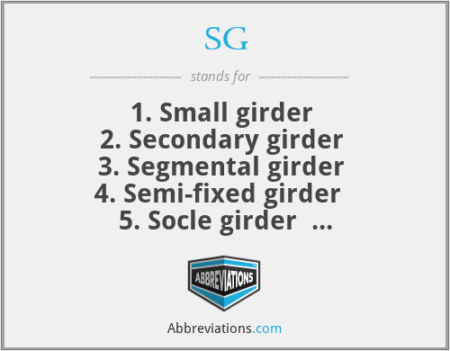 SG - 1. Small girder 
2. Secondary girder 
3. Segmental girder 
4. Semi-fixed girder  
5. Socle girder  
6. Solid web girder  
7. Stiffening girder 
8. Suspension girder