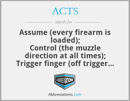 ACTS - Assume (every firearm is loaded);
Control (the muzzle direction at all times);
Trigger finger (off trigger & out of trigger guard at all times);
See (that the firearm is unloaded)