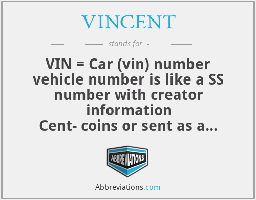 VINCENT - VIN = Car (vin) number vehicle number is like a SS number with creator information
Cent- coins or sent as a verb.
VIN or vine plant energy grows
V in E (energy)
CE is current energy
ENT = Extra terrestrial TREES