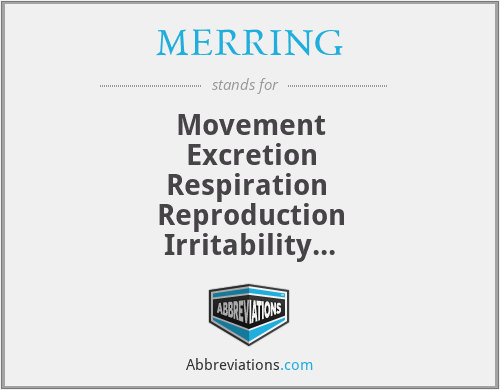 MERRING - Movement
Excretion
Respiration 
Reproduction
Irritability
Nutrition
Growth