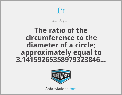 Pi - The ratio of the circumference to the diameter of a circle; approximately equal to 3.14159265358979323846...