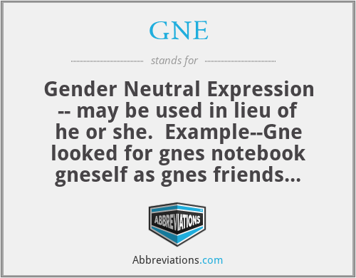 GNE - Gender Neutral Expression -- may be used in lieu of he or she.  Example--Gne looked for gnes notebook gneself as gnes friends would not help gnerm.