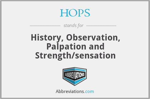 HOPS - History, Observation, Palpation and Strength/sensation