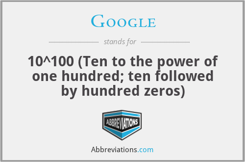 Google - 10^100 (Ten to the power of one hundred; ten followed by hundred zeros)