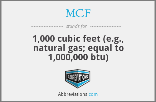 MCF - 1,000 cubic feet (e.g., natural gas; equal to 1,000,000 btu)